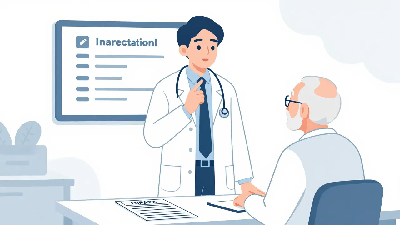 Professional advocate and patient review a drug interaction alert with a doctor.