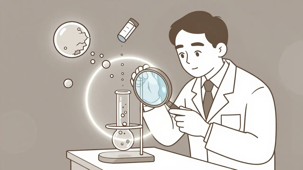 Scientist examining a complex drug formulation with floating particles and spray patterns.