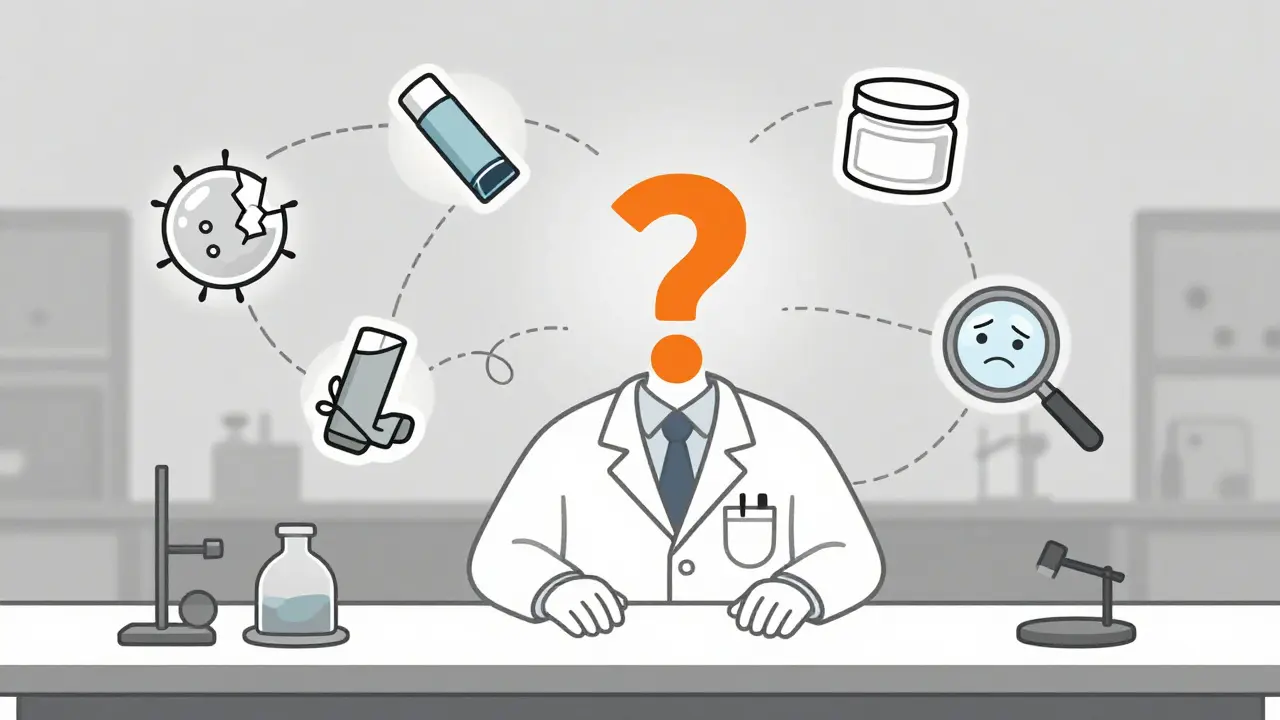 Scientist surrounded by icons of failed complex drug components, all connected to a central question mark in monoline style.