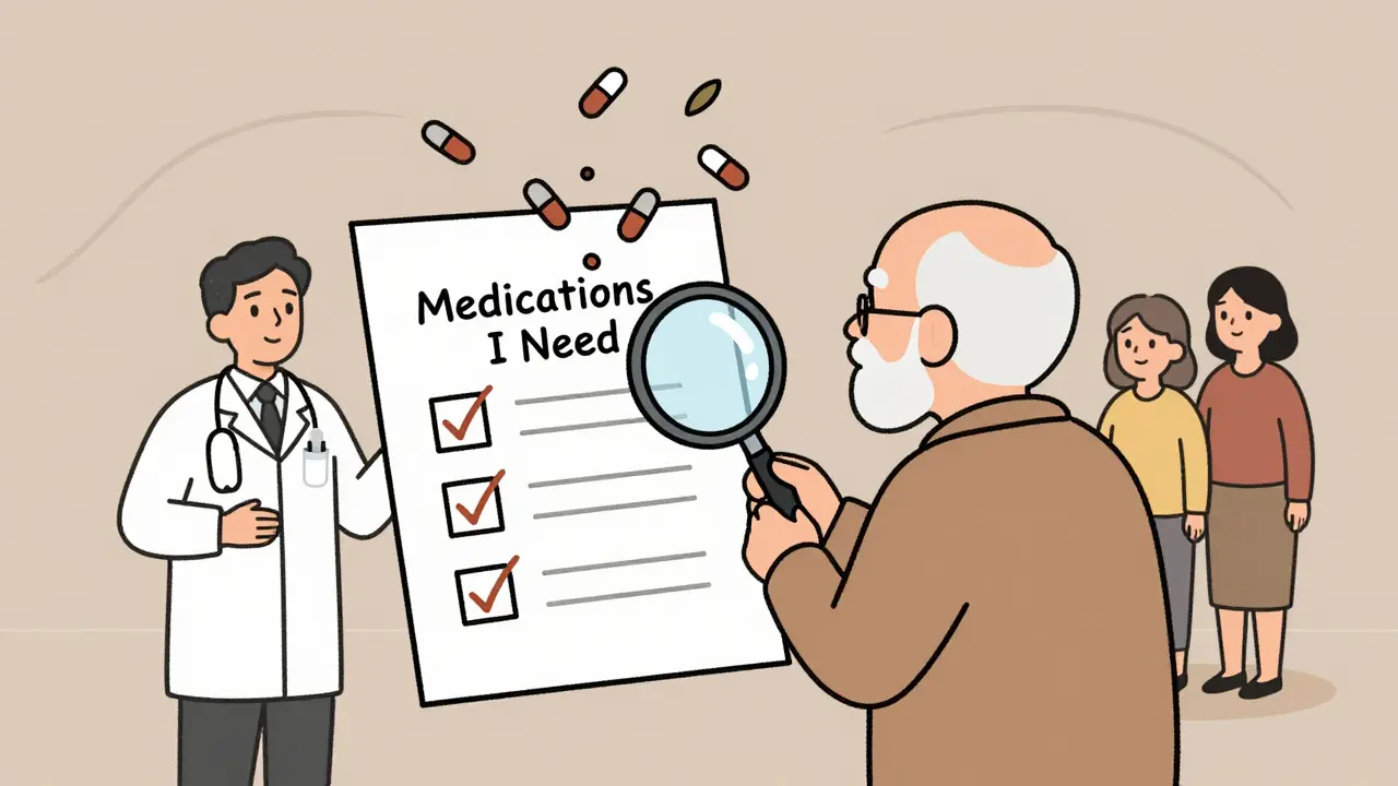 Senior reviewing medication checklist with pills fading away, pharmacist and family nearby.