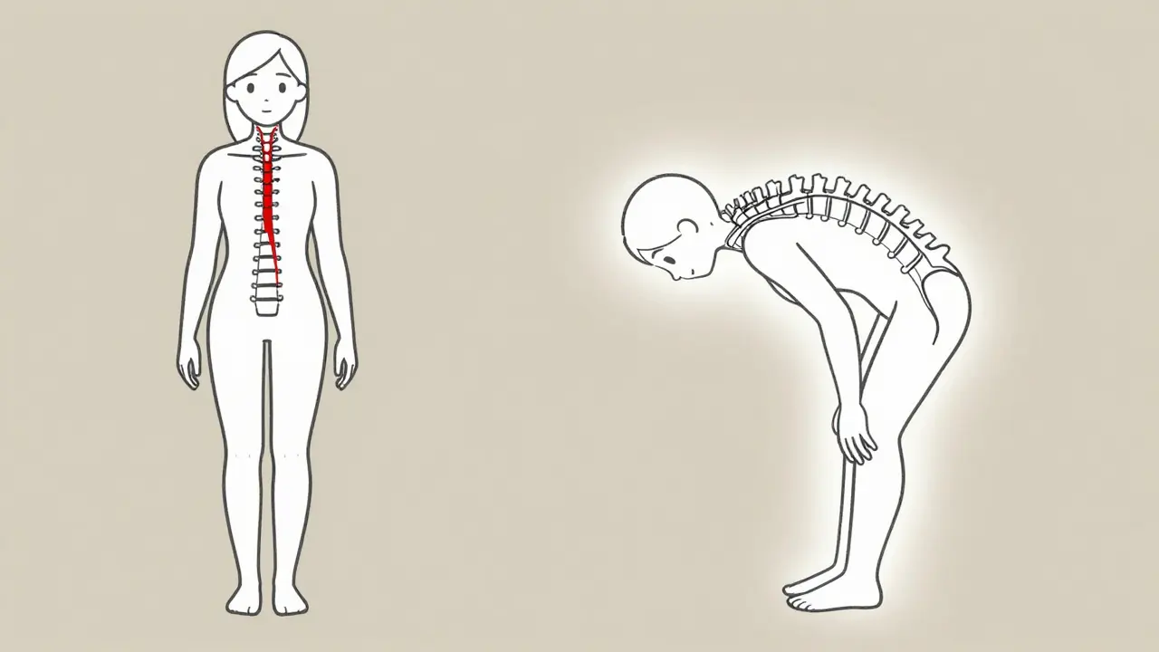 Side-by-side anatomical illustration of spinal canal narrowing and opening with posture change.