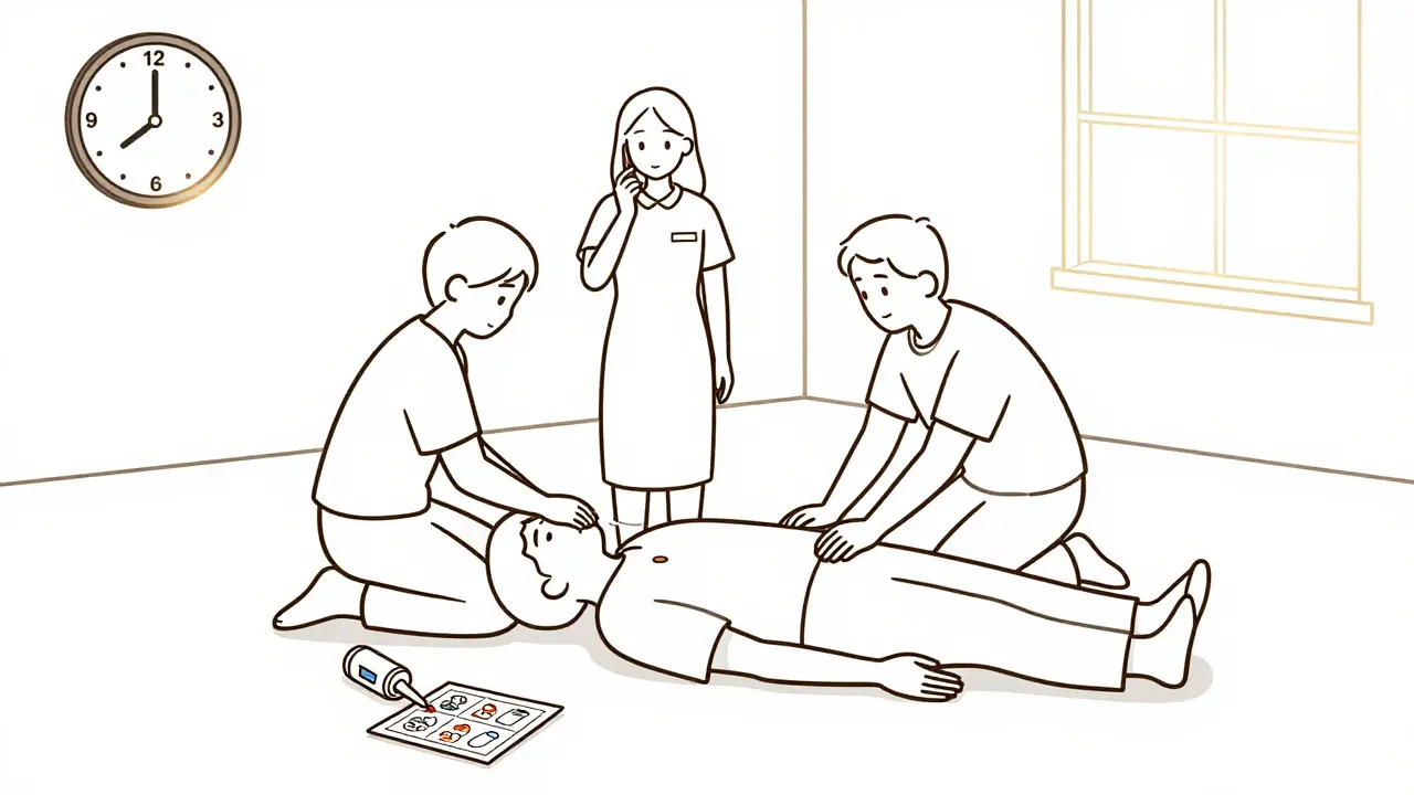 Three people assisting an overdose victim with naloxone and recovery position