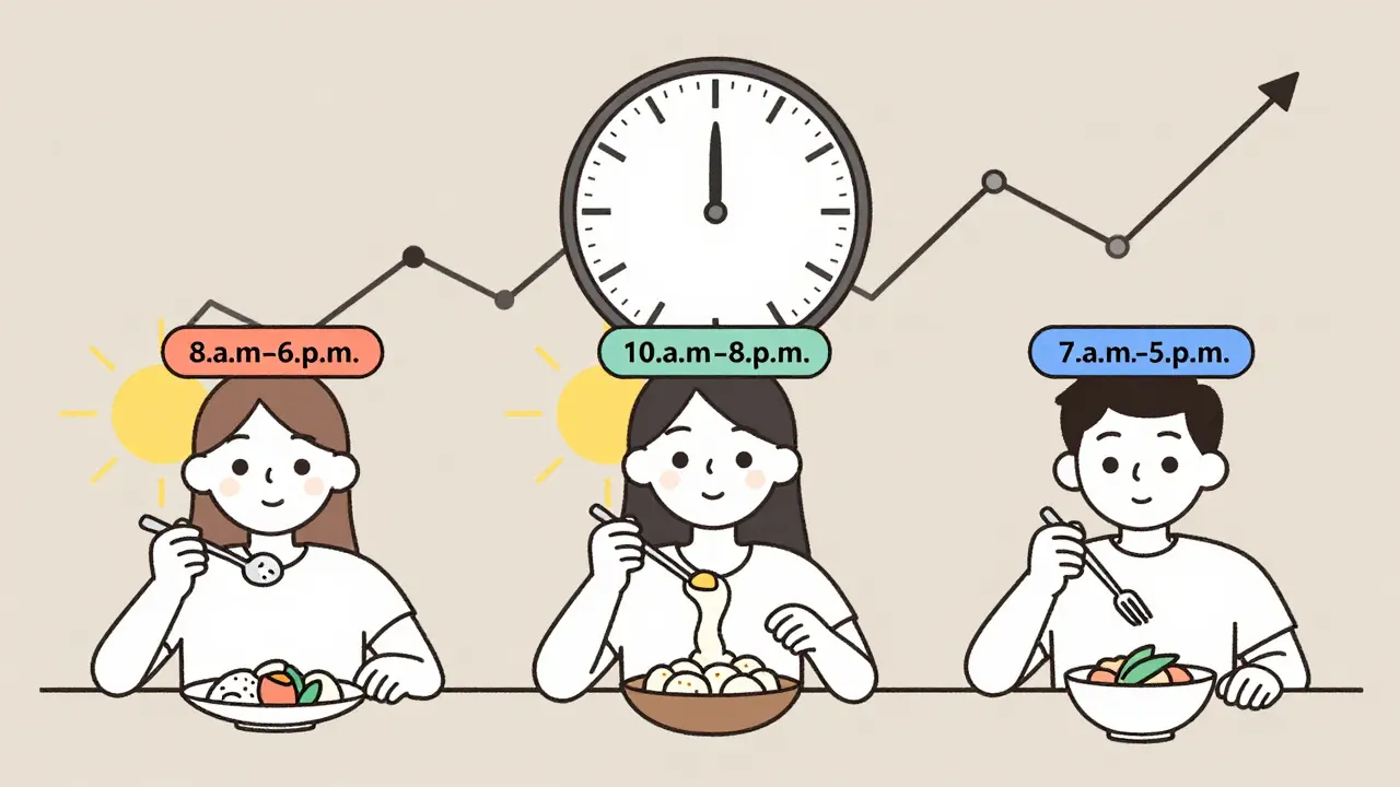 Three people with personalized eating windows under sunlight, showing how timing affects metabolism and weight.