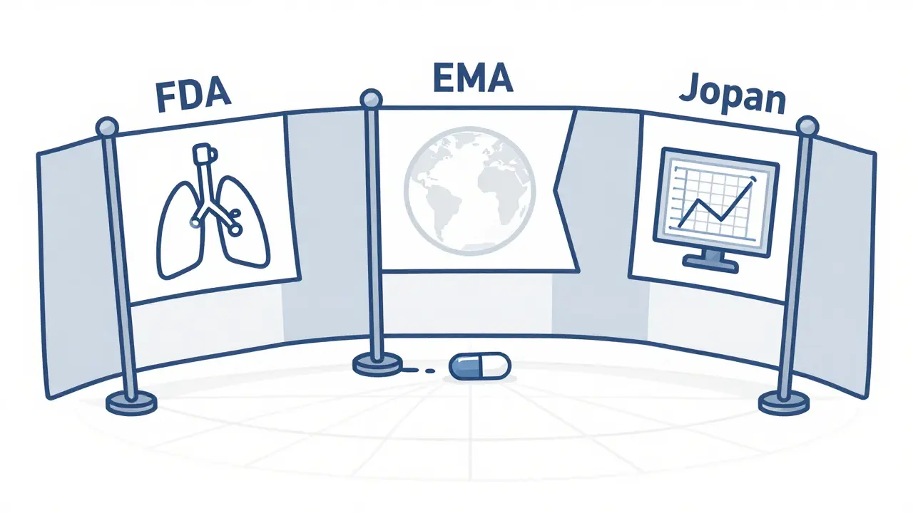 Three regulatory bodies blocking a generic pill from passing through different testing devices in a global standoff.