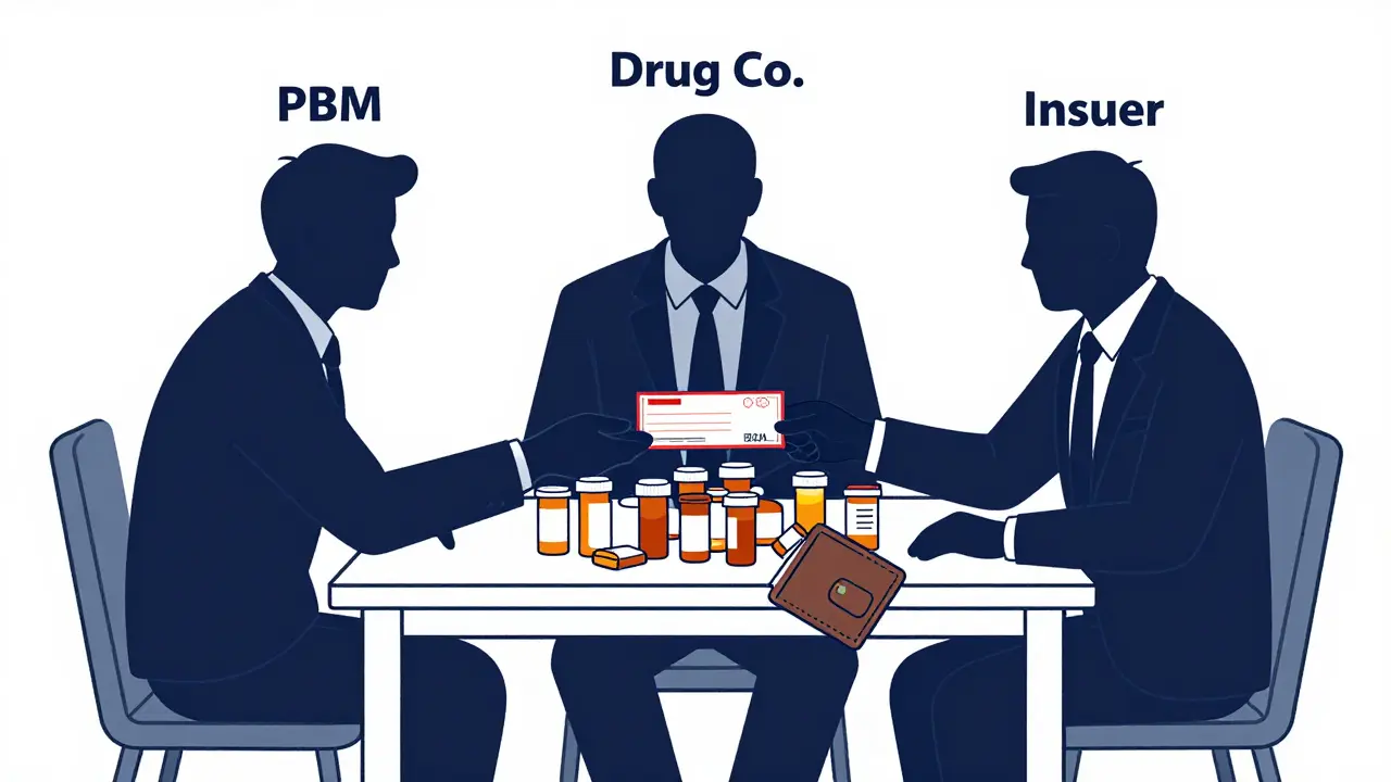 Three shadowy corporate figures passing rebate checks while a patient's wallet is crushed beneath the table.