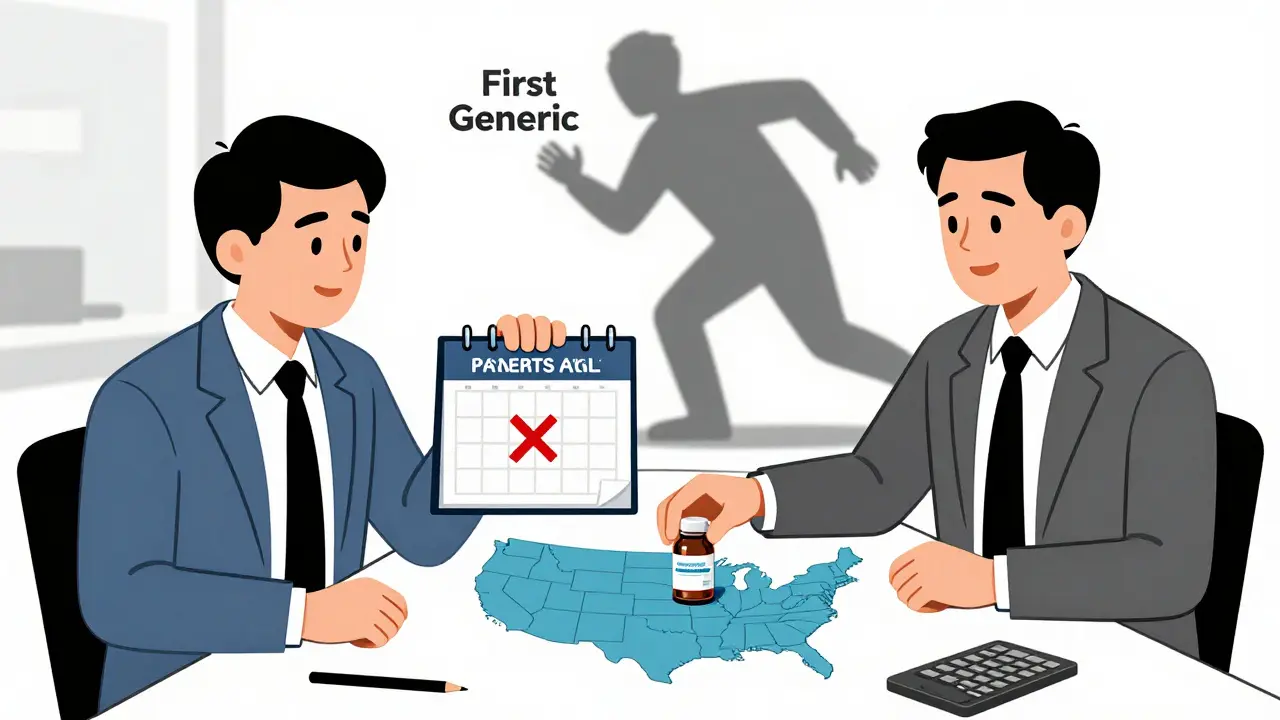 Two executives at a table, one placing a generic bottle on a U.S. map as a shadowy competitor retreats.