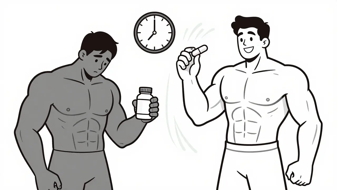 Two figures side by side: one fatigued from statins, one energized by CoQ10, with a time clock between them.