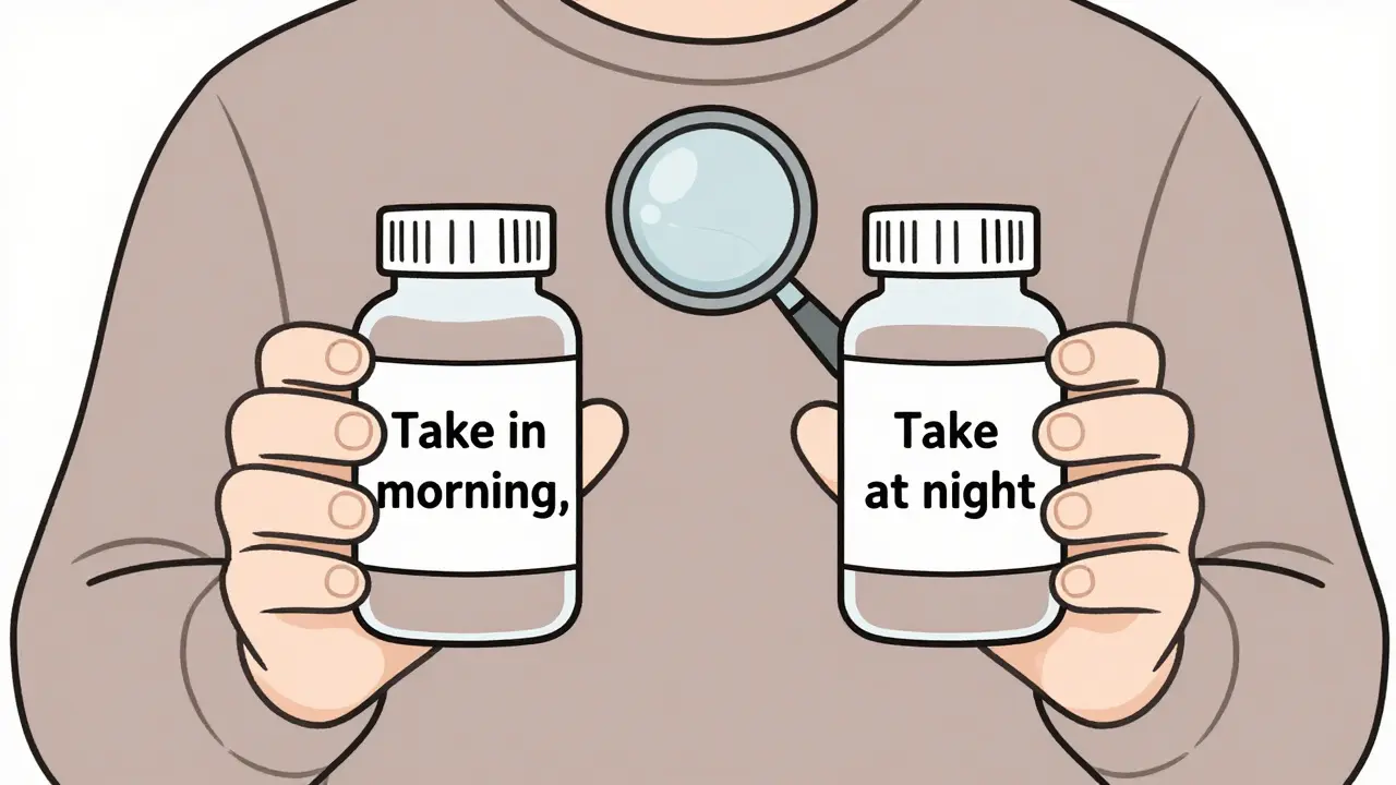 Two identical pill bottles with conflicting instructions side by side, being compared.