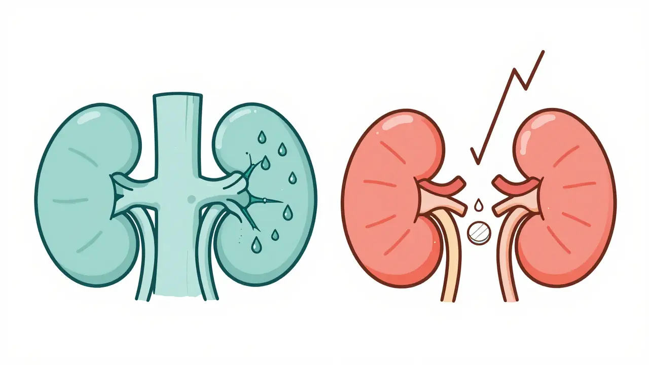 Two kidneys side by side: one healthy, one with stenosis and collapsing filtration after ACE inhibitor use.