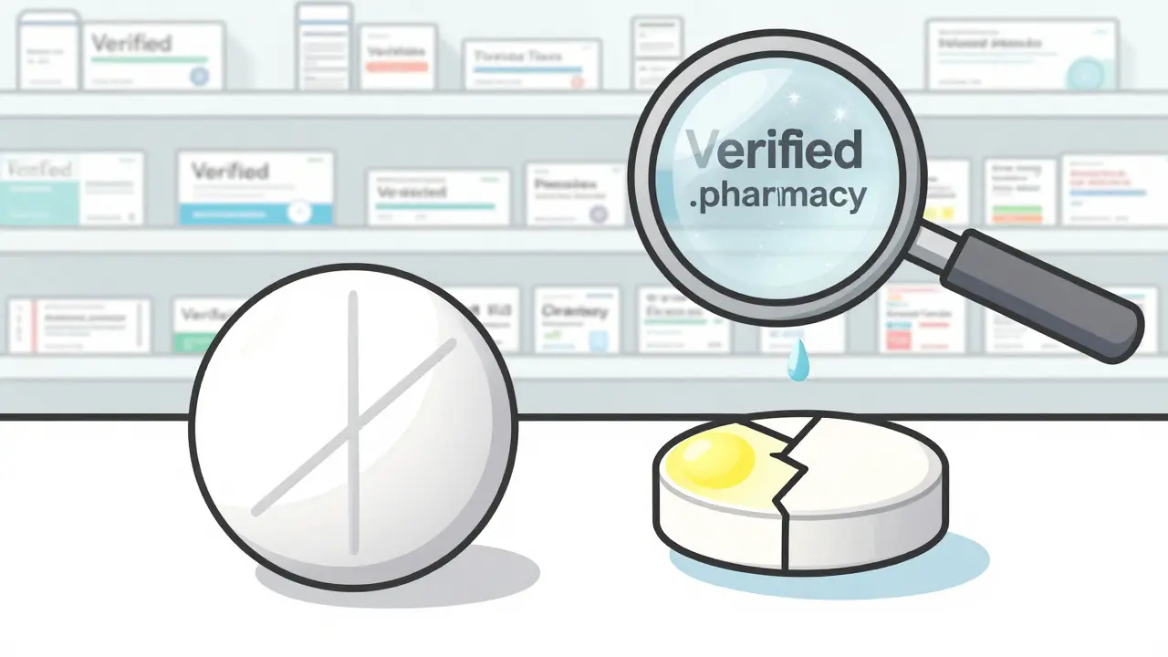 Two pills side by side: one real and perfect, the other cracked and dissolving in water.