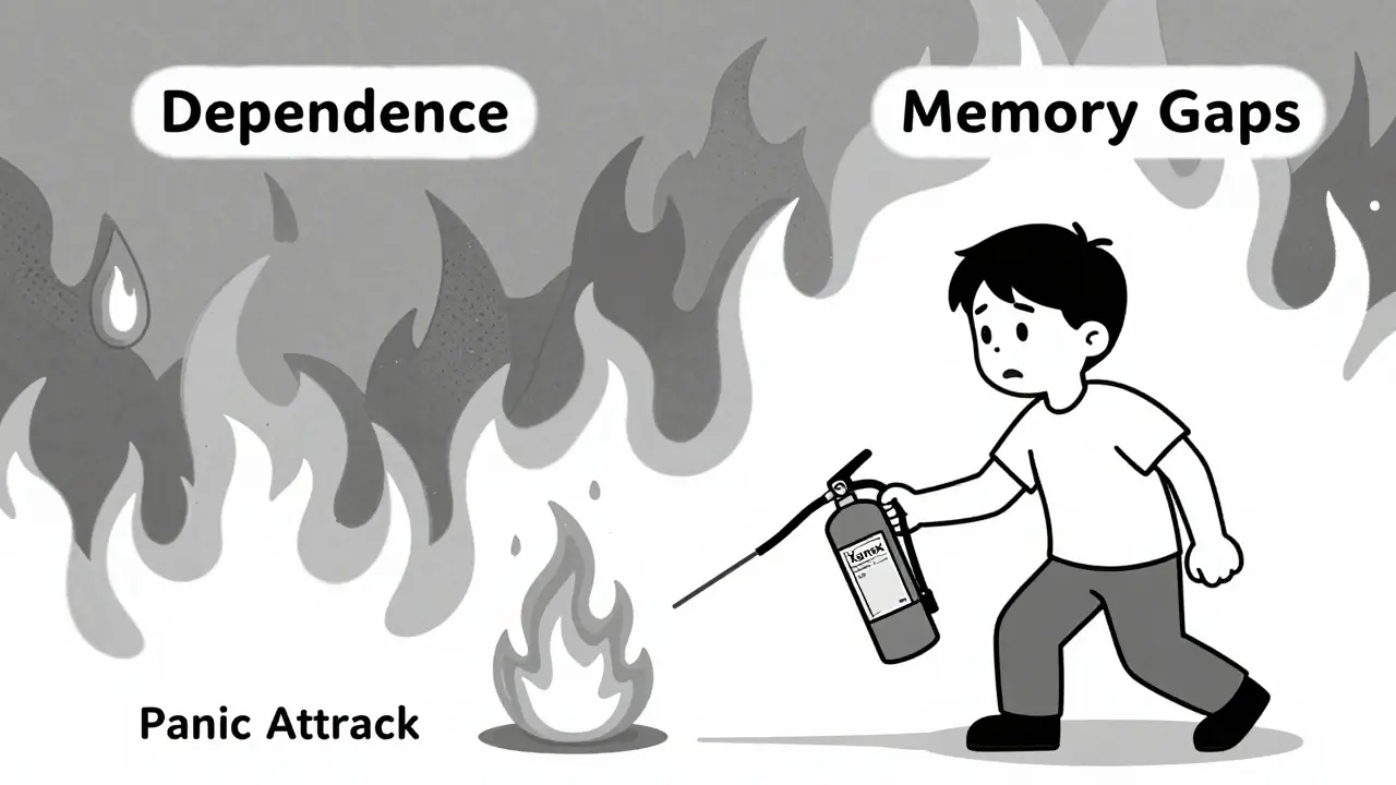 A person using a fire extinguisher on a panic attack flame, while bigger dangers grow behind them.