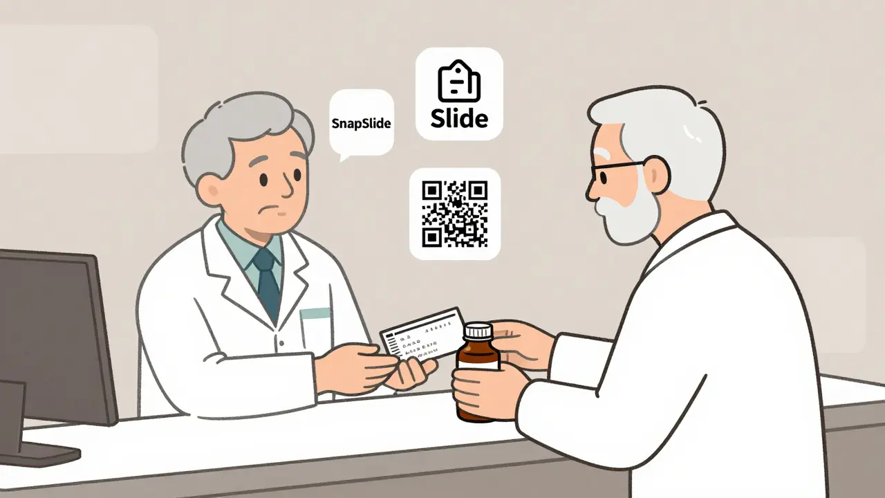 A senior receiving a prescription bottle with large-print label and braille sticker at a pharmacy counter.