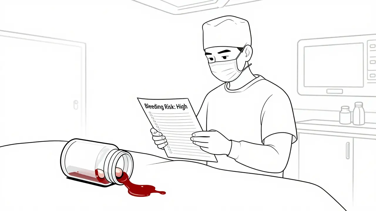 A surgeon pauses during surgery as a garlic supplement bottle lies beside an open wound, with a single drop of blood falling.
