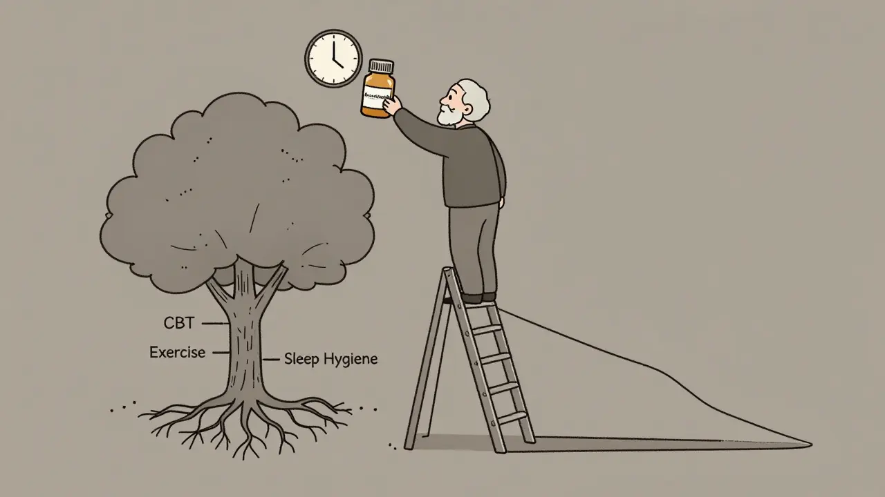 An elderly person reaching for a pill bottle while healthier alternatives grow below as roots.