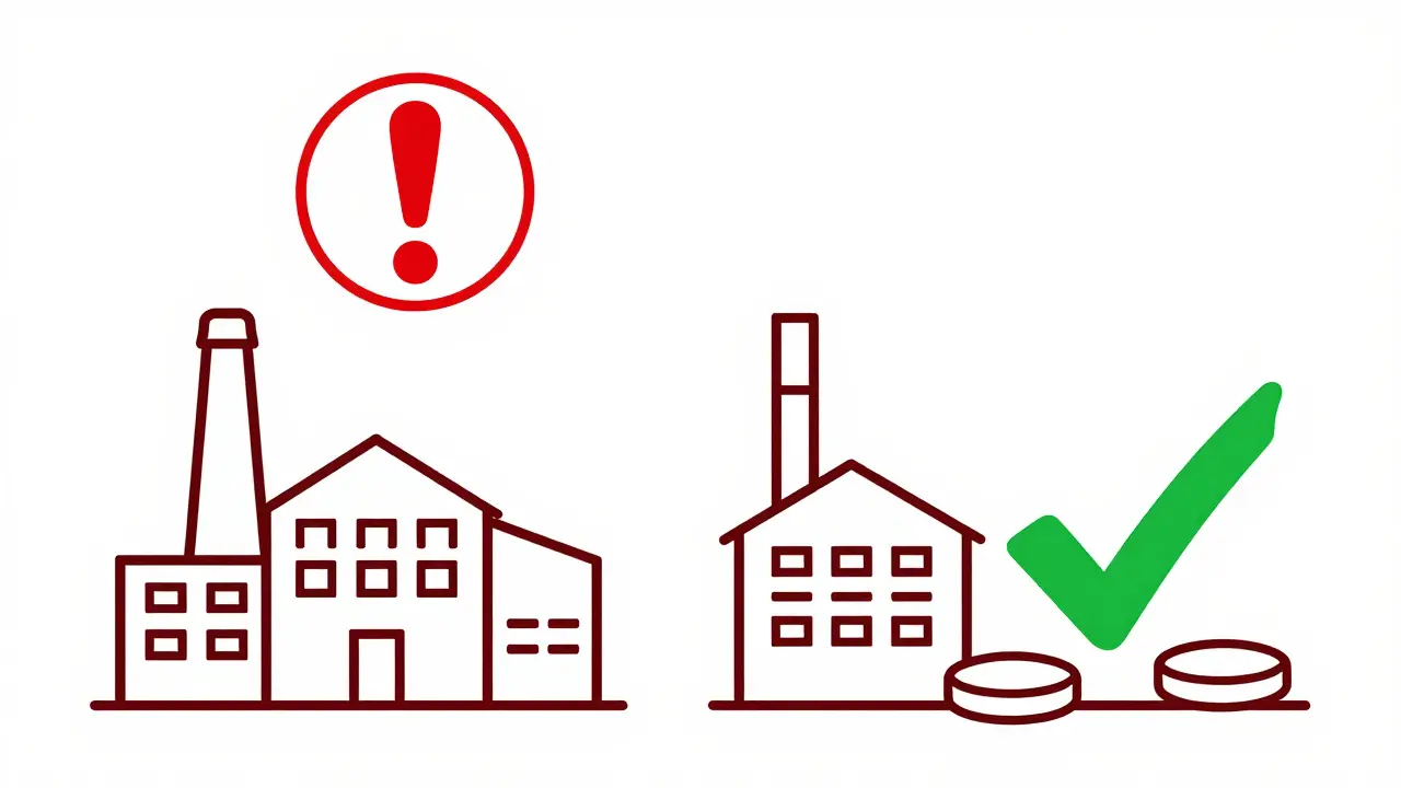 Factory production with red warning and green checkmark symbols on pills