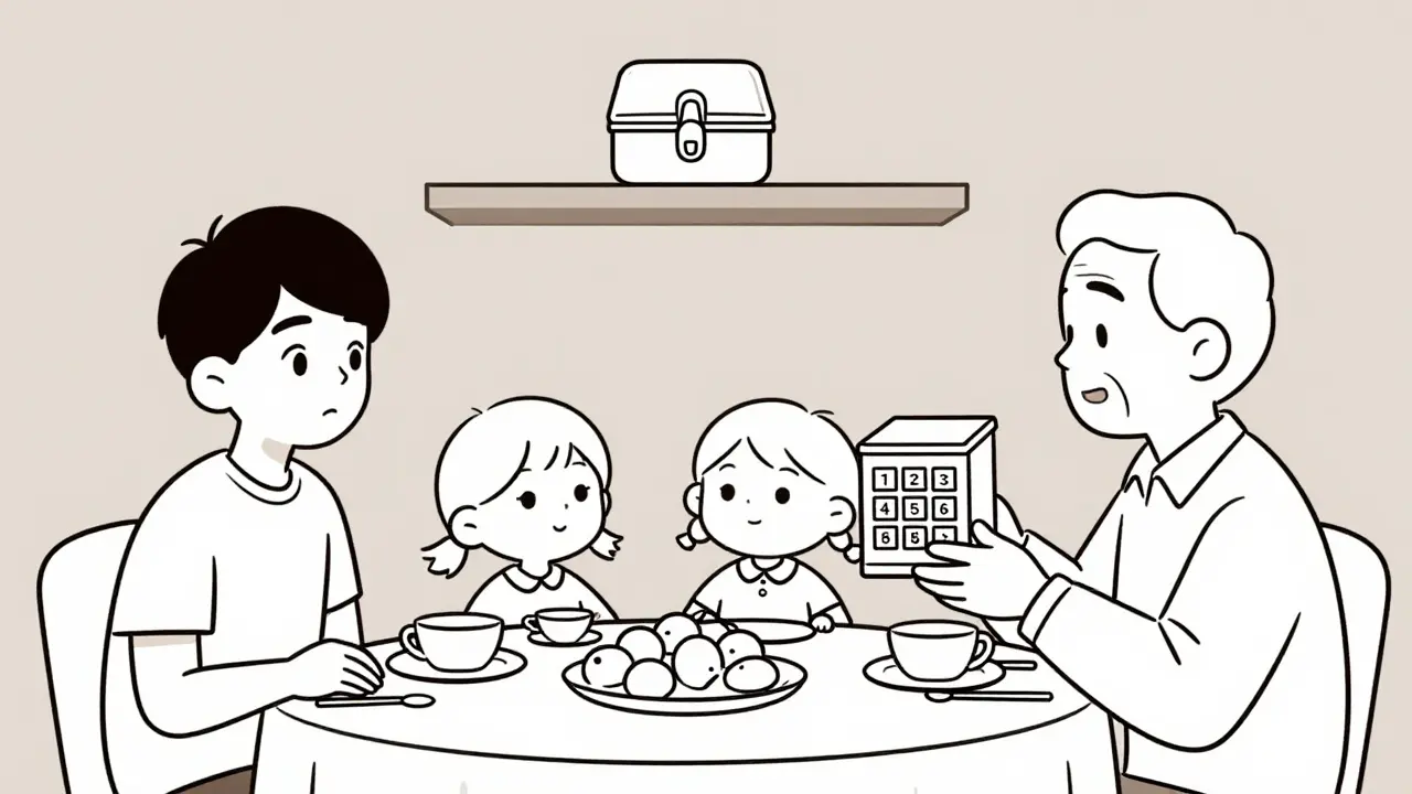 Family at dinner with a locked pill box on a high shelf, teenager glancing toward it, elderly person using a keypad lockbox.