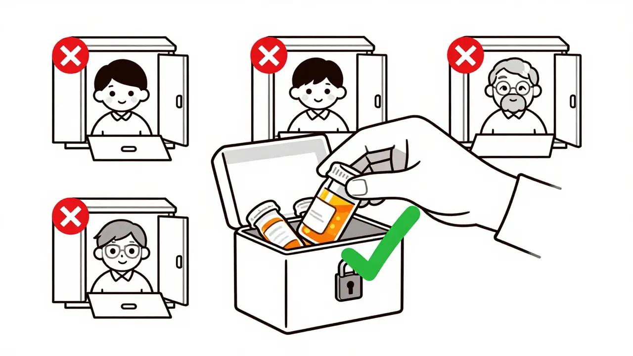 Hand placing medication bottles into a lockbox with icons of at-risk individuals marked by Xs, and a green checkmark over the secure container.