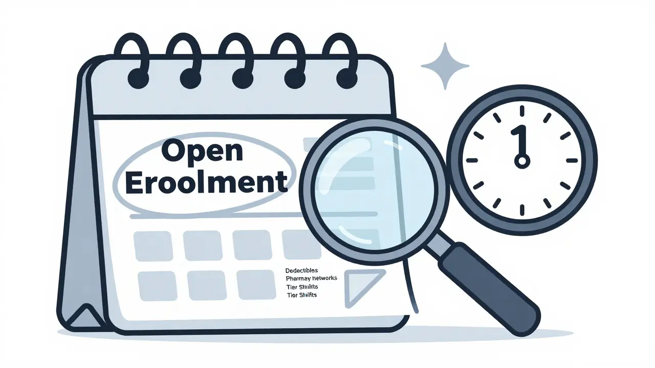 Magnifying glass revealing hidden formulary details during open enrollment.