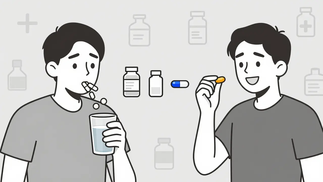 Side-by-side comparison of taking multiple pills versus one combination pill for chronic disease management.