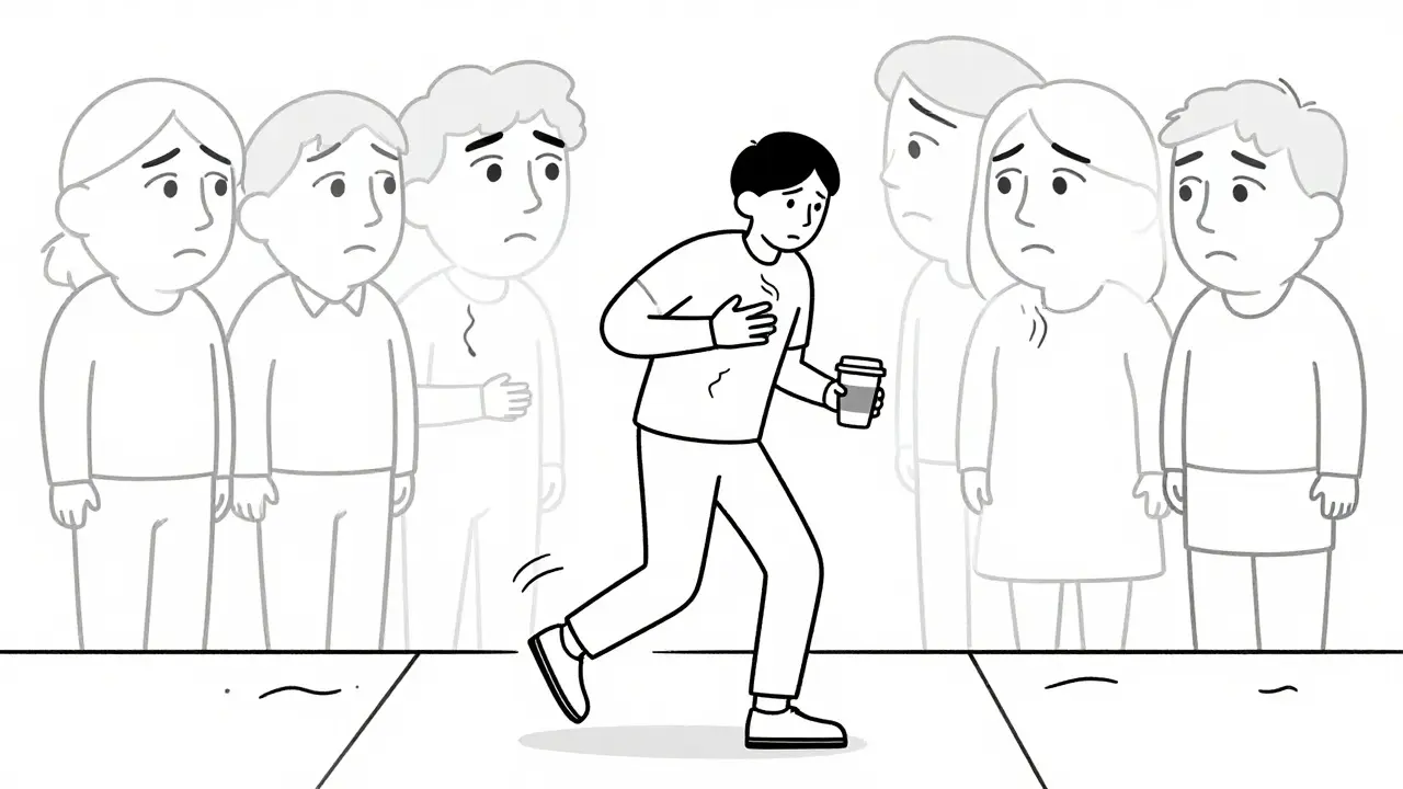 Someone frozen in fear on a busy street, surrounded by judging faces and trembling.