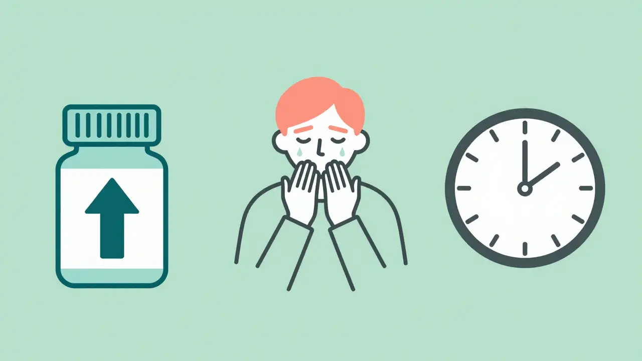 Three figures showing dose escalation, withdrawal symptoms, and behavioral issues