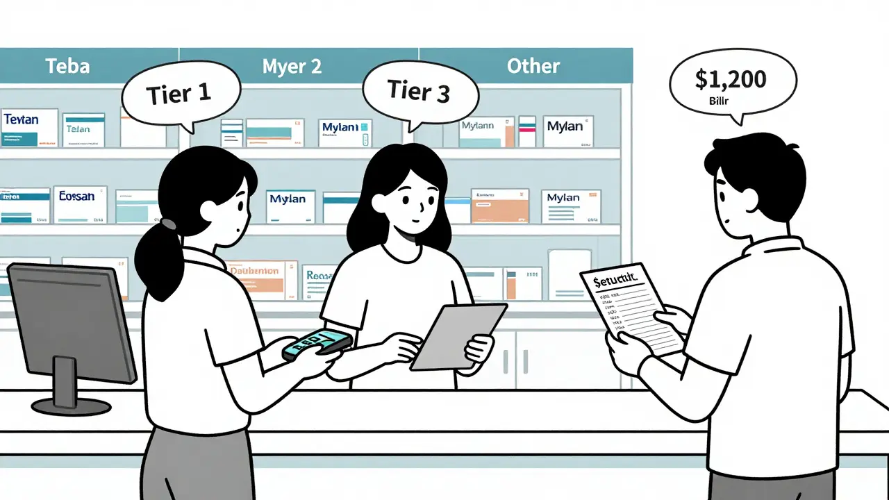 Three people at pharmacy counter paying different amounts for the same generic drug.
