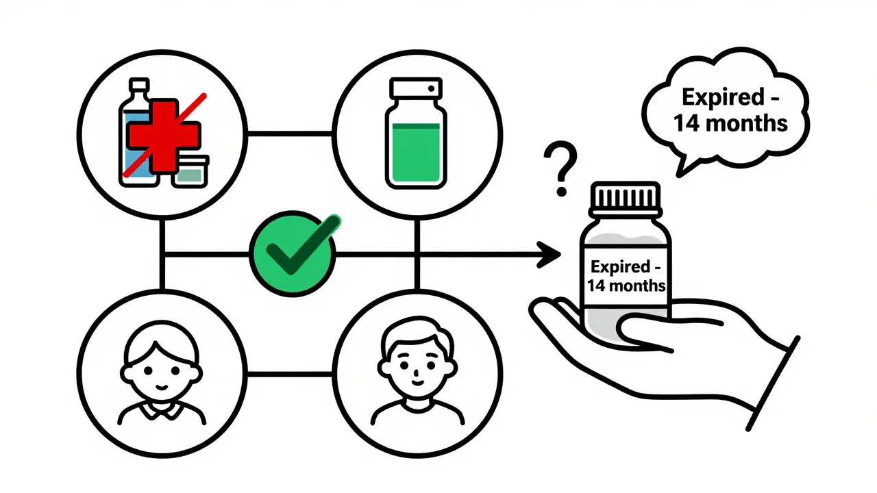 A decision tree illustrating when expired medications are safe or dangerous to use.