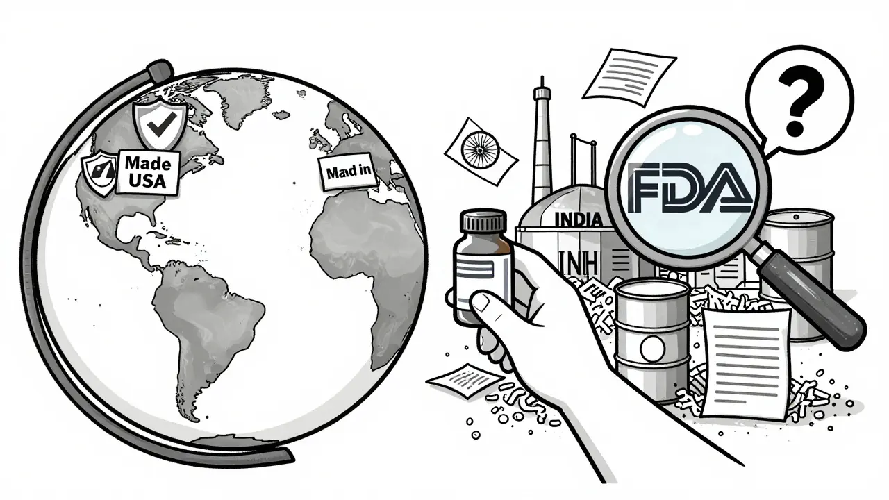 A divided globe contrasts safe U.S.-made drugs with overseas factories hiding quality failures, as a hand reaches toward a safer brand-name alternative.