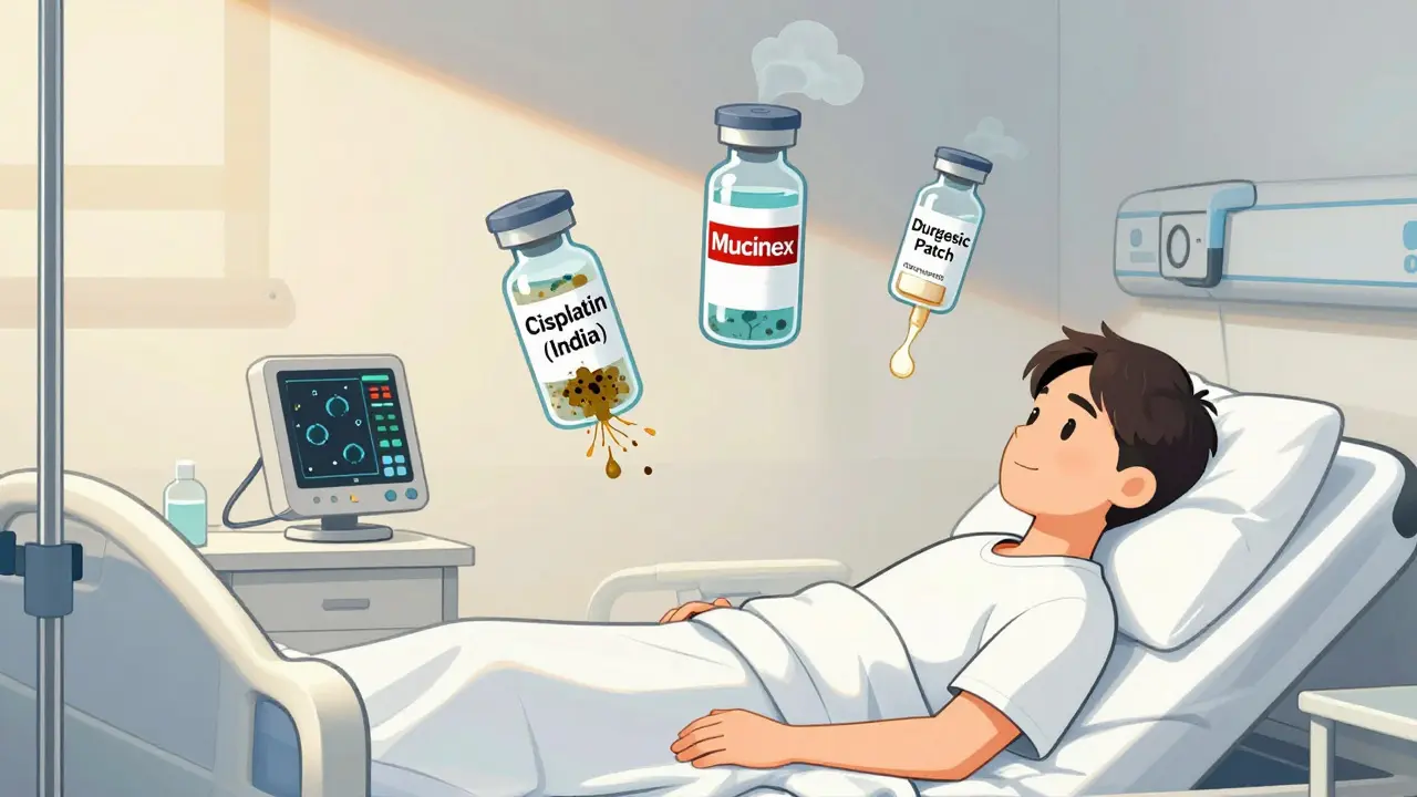 A hospitalized patient watches abnormal blood results as contaminated drug vials float above, leaking harmful substances with faint fumes and particles.