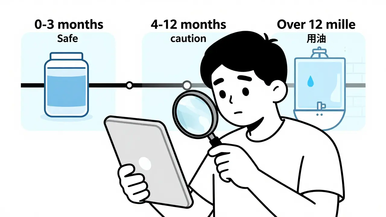 A person examining an expired pill under a magnifying glass with storage conditions shown beside.
