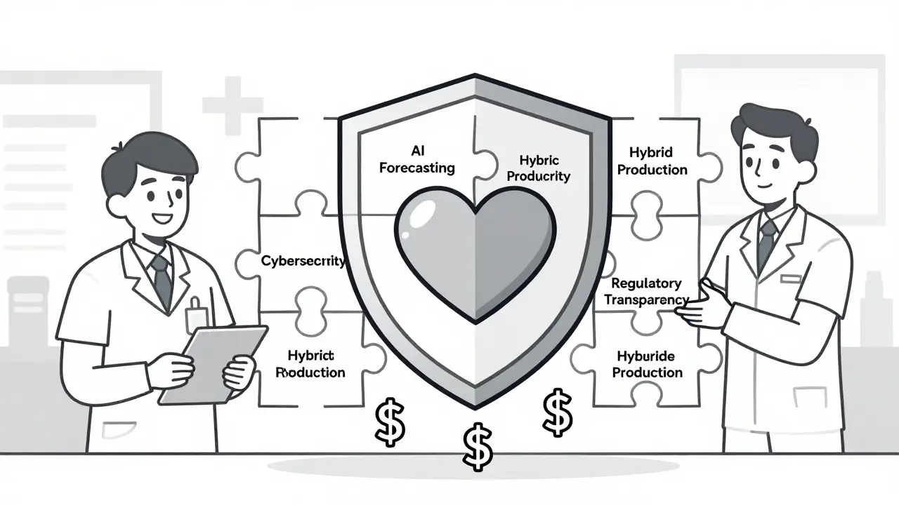 A puzzle forming a shield around a heart, symbolizing integrated solutions for drug supply safety.