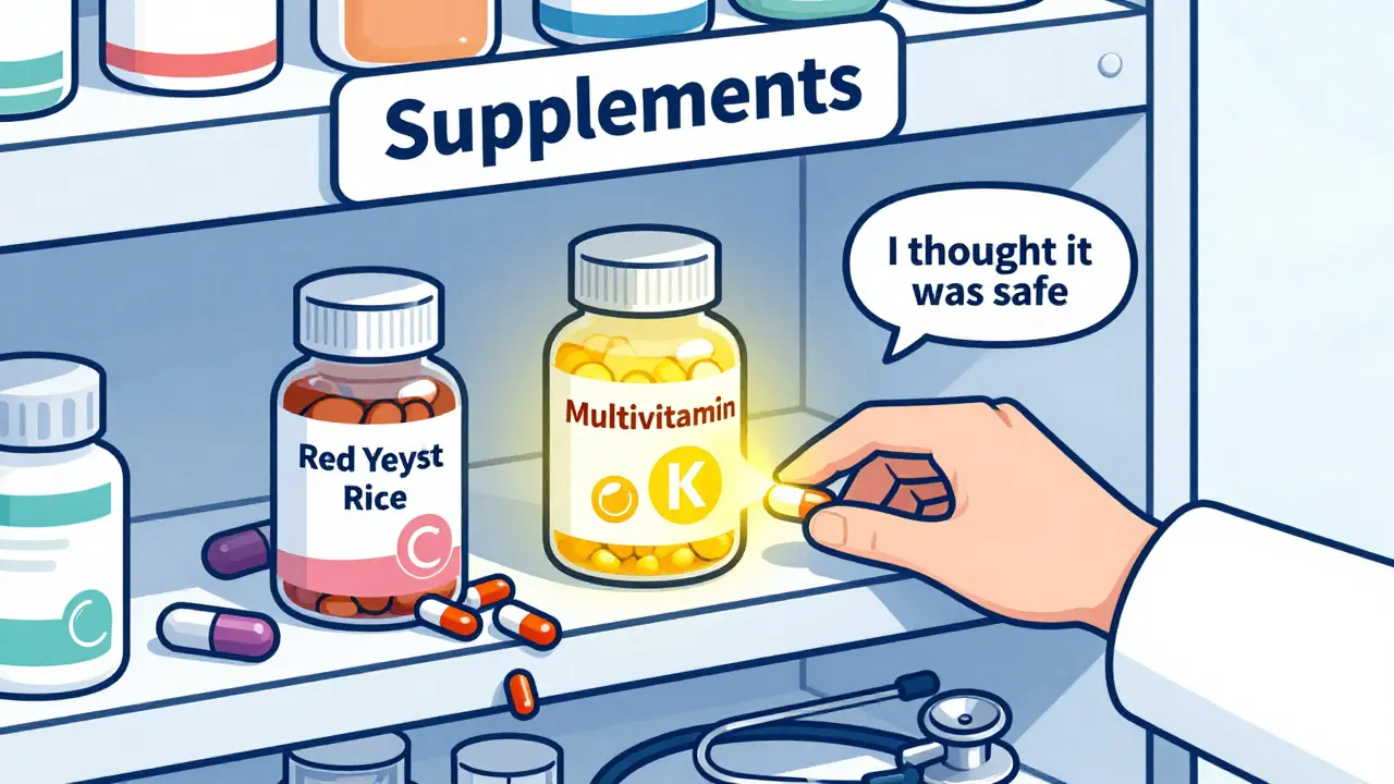 A supplement shelf with hidden dangerous ingredients like lovastatin and vitamin K, labeled as harmless.