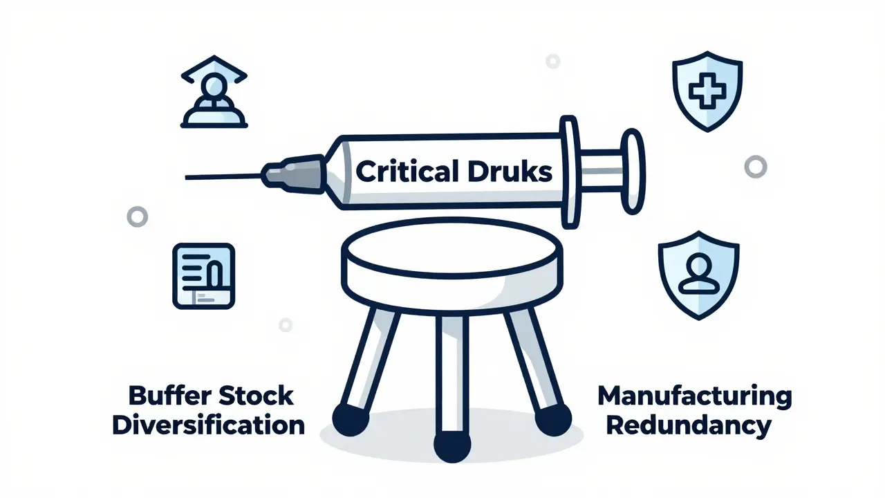 A three-legged stool supporting a syringe, representing key resilience strategies.
