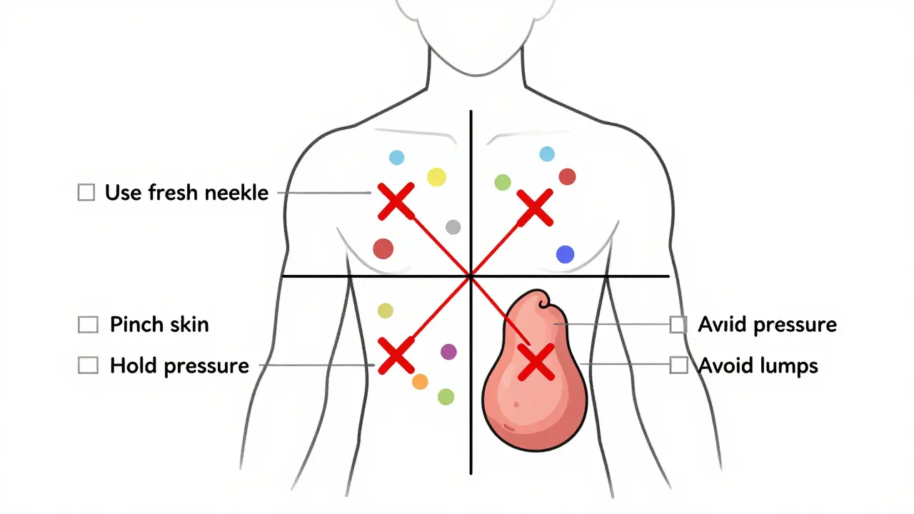 A visual guide showing proper insulin injection rotation across four quadrants of the abdomen.