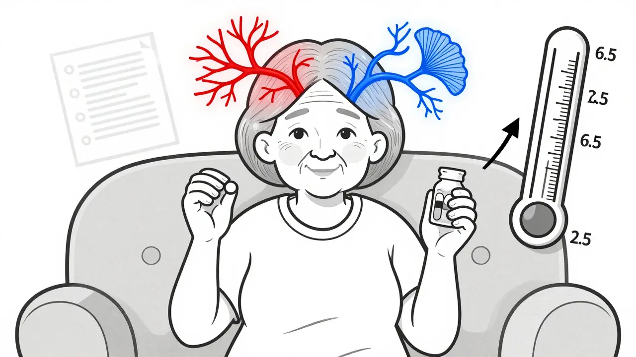 An elderly woman with warfarin and ginkgo biloba, showing blood clotting and thinning risks with an INR meter spiking.