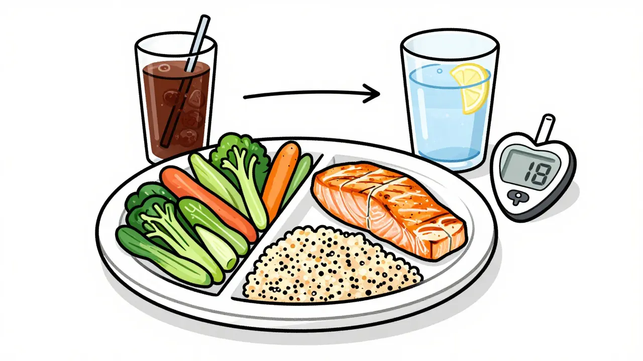 Balanced plate with vegetables, salmon, and quinoa, with water replacing soda.
