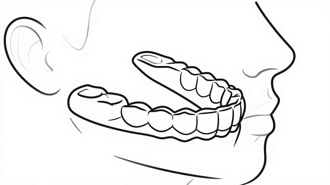Close-up of an oral appliance device for treating mild sleep apnea conditions.