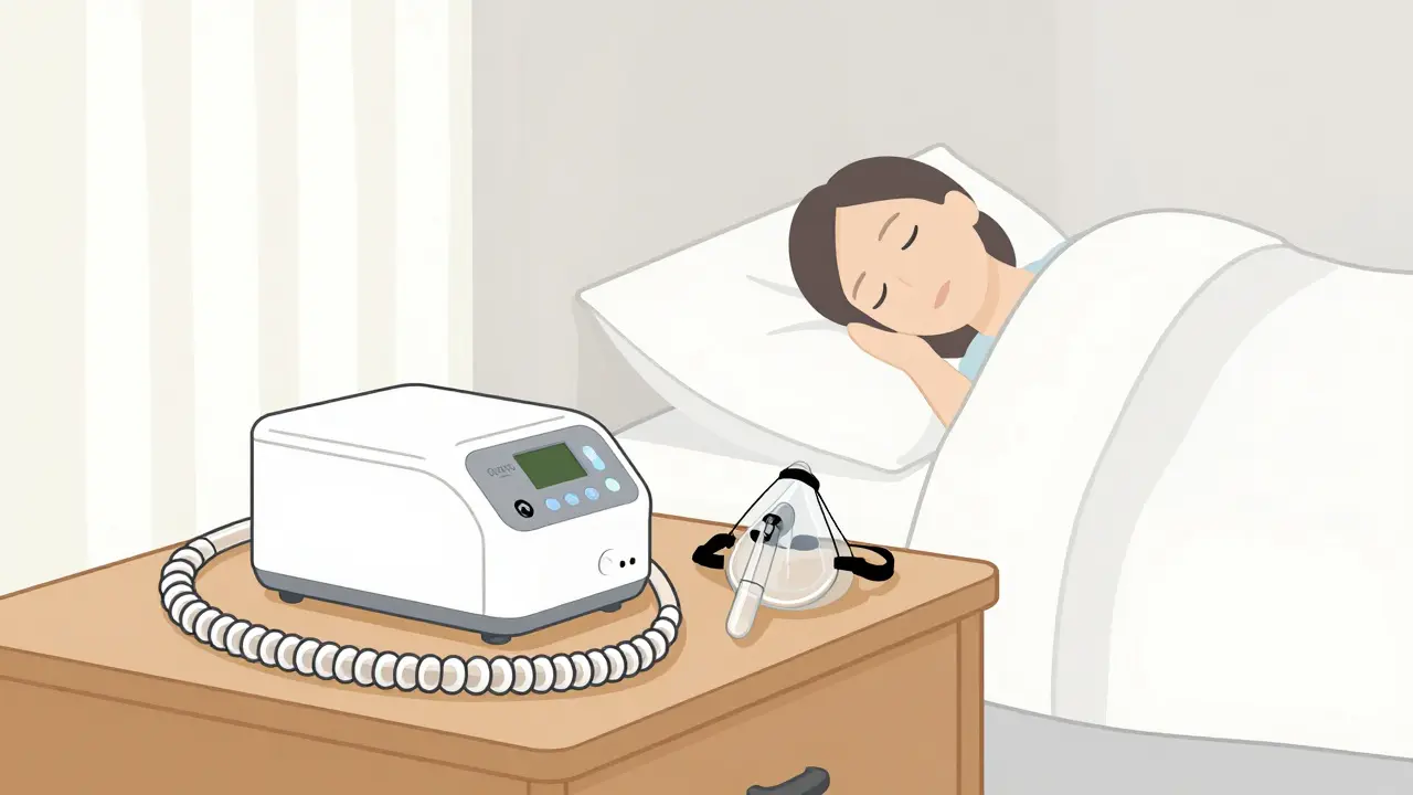 CPAP machine and mask on nightstand beside sleeper