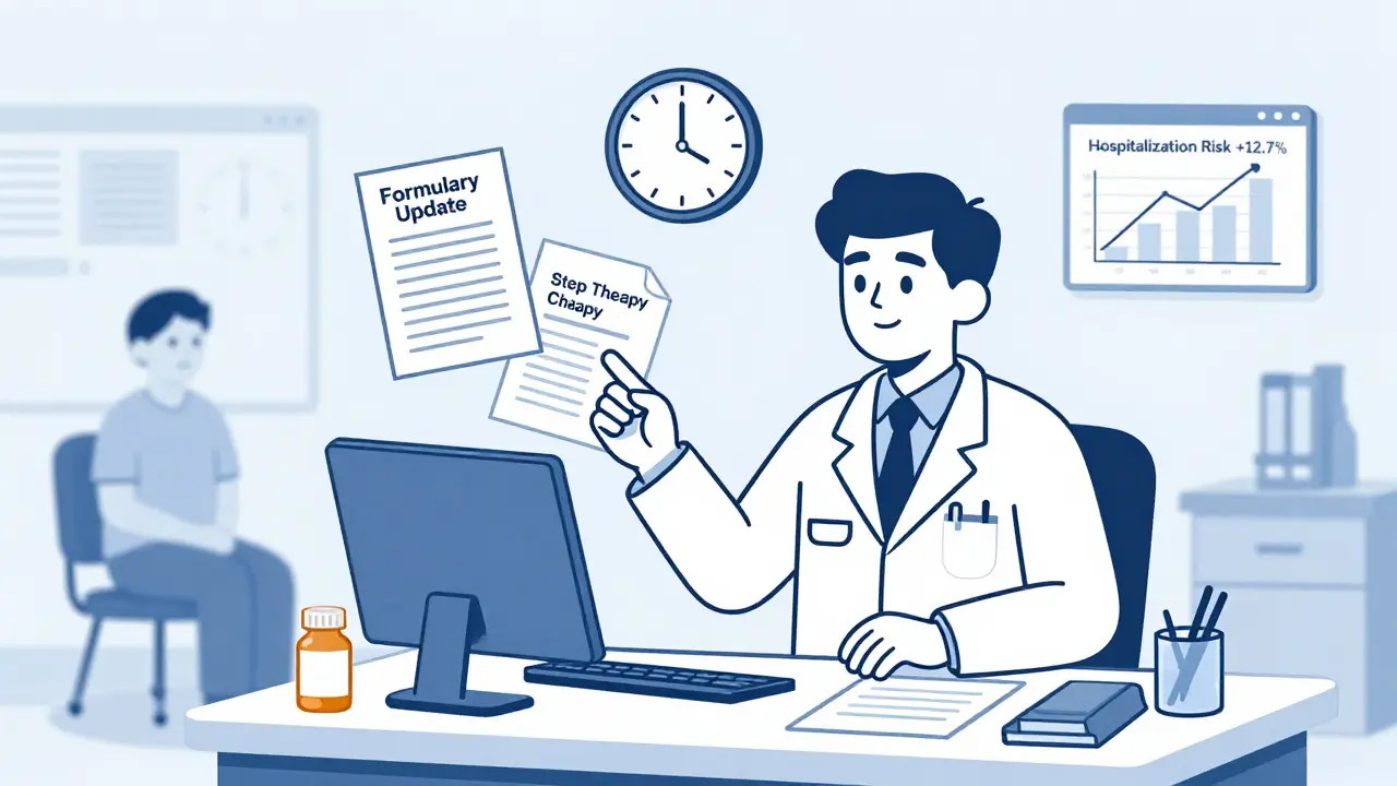 Doctor overwhelmed by paperwork related to Medicaid formularies while a patient waits for medication.