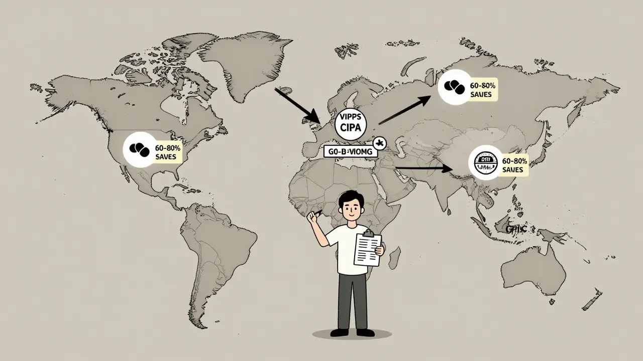 Global map showing medication price savings from international pharmacies with accreditation badges