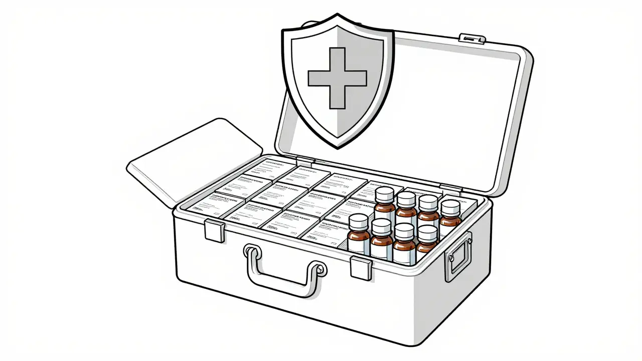 Open medical stockpile crate with organized supplies and shield emblem.