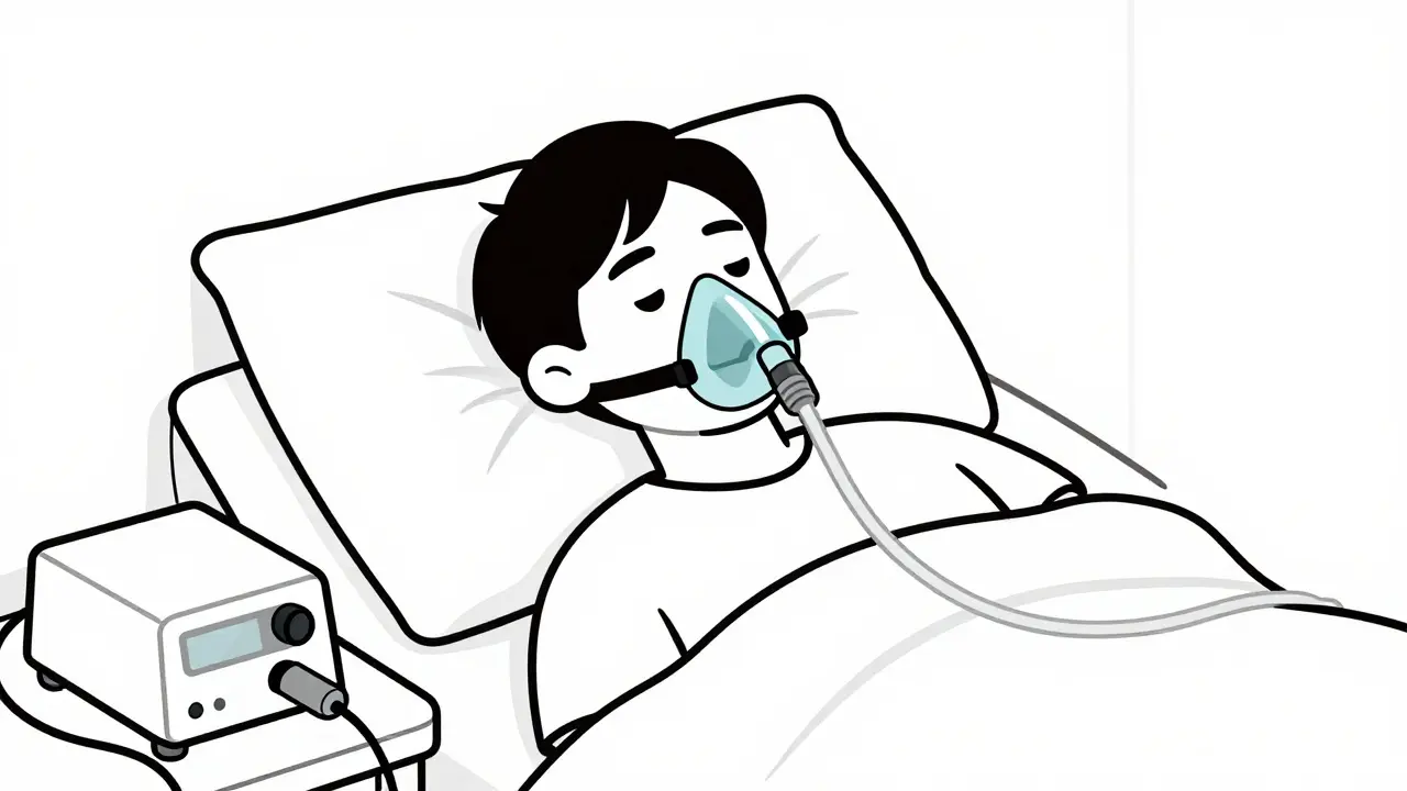 Patient resting in bed using a CPAP mask connected to a therapy machine.