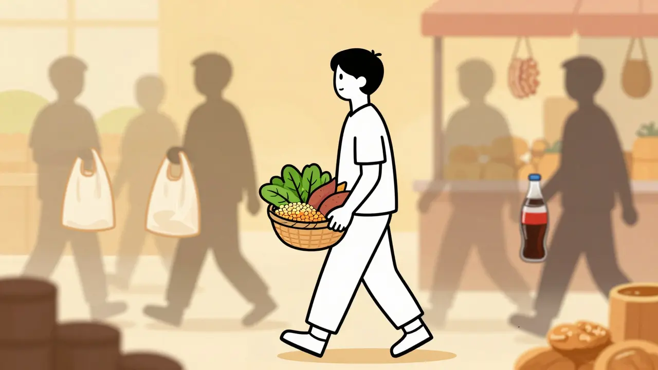 Person choosing healthy foods at market while unhealthy options fade away.