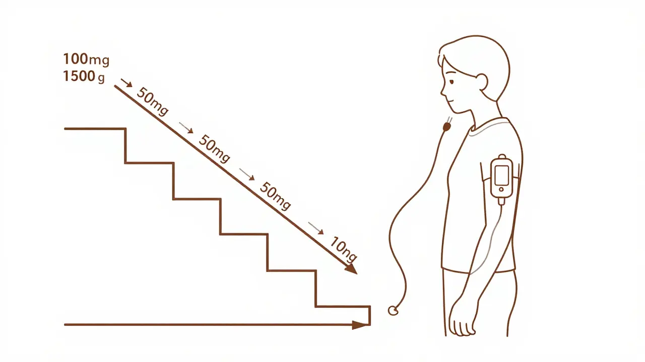 Person with insulin pump and CGM beside a tapering steroid dose ladder.