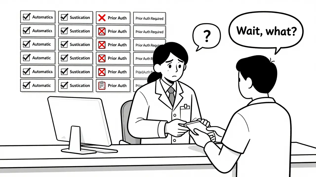Pharmacist handing a prescription while state-specific rules are displayed as signs behind the counter.