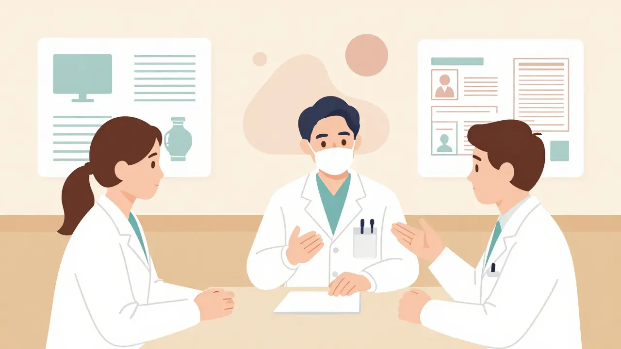 Pharmacy team conducting training session on medication best practices