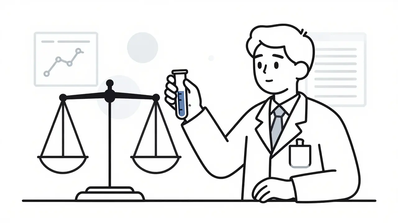 Scientist testing drug potency with a test tube and balance scale.