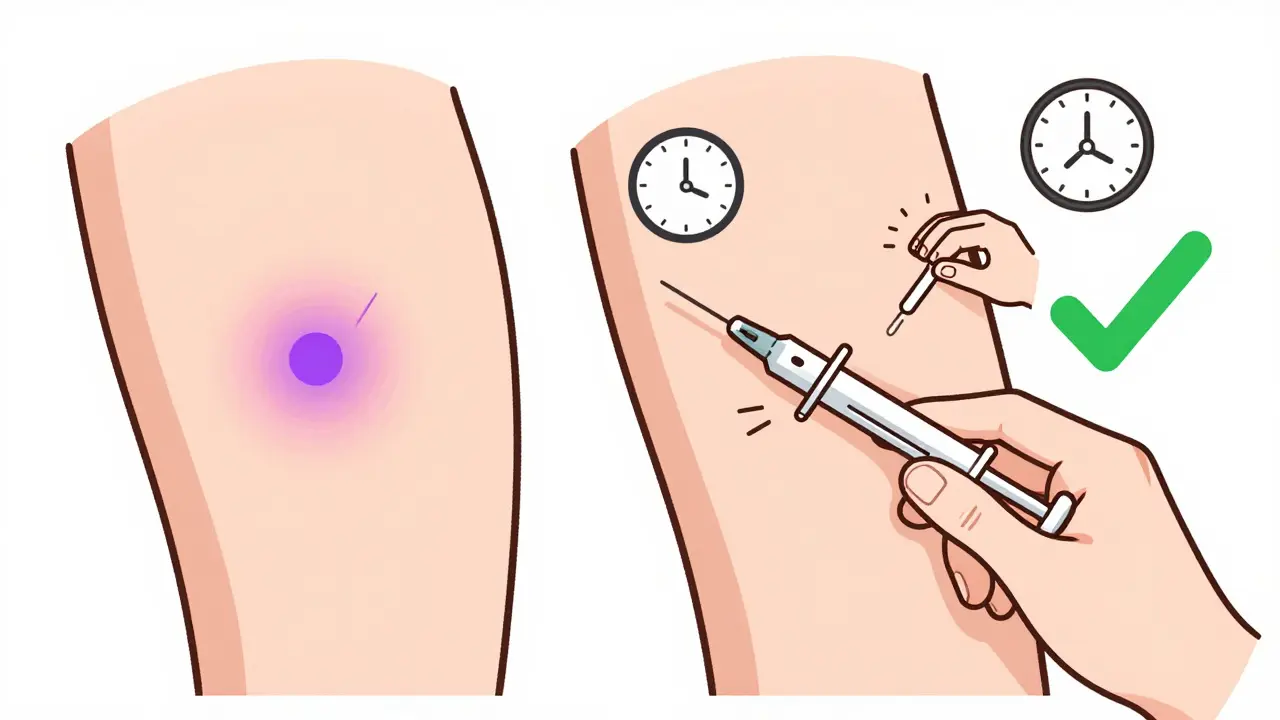 Side-by-side comparison of improper vs. proper insulin injection technique on the thigh.