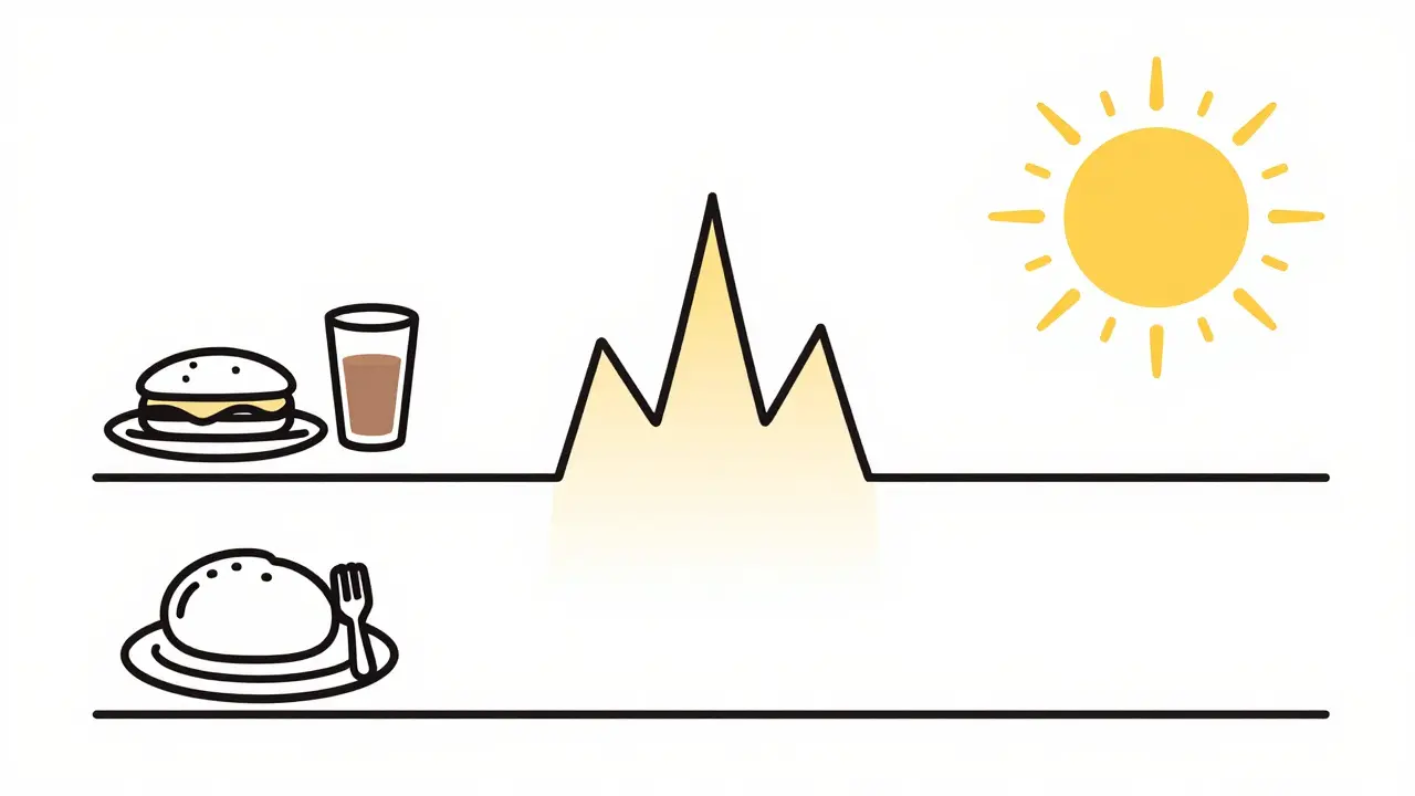 Timeline showing blood sugar spikes after breakfast and lunch due to steroid timing.