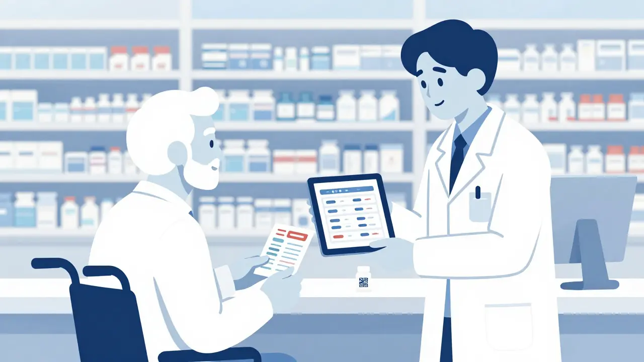A pharmacist helping an elderly patient using both a digital tablet and a printed summary.